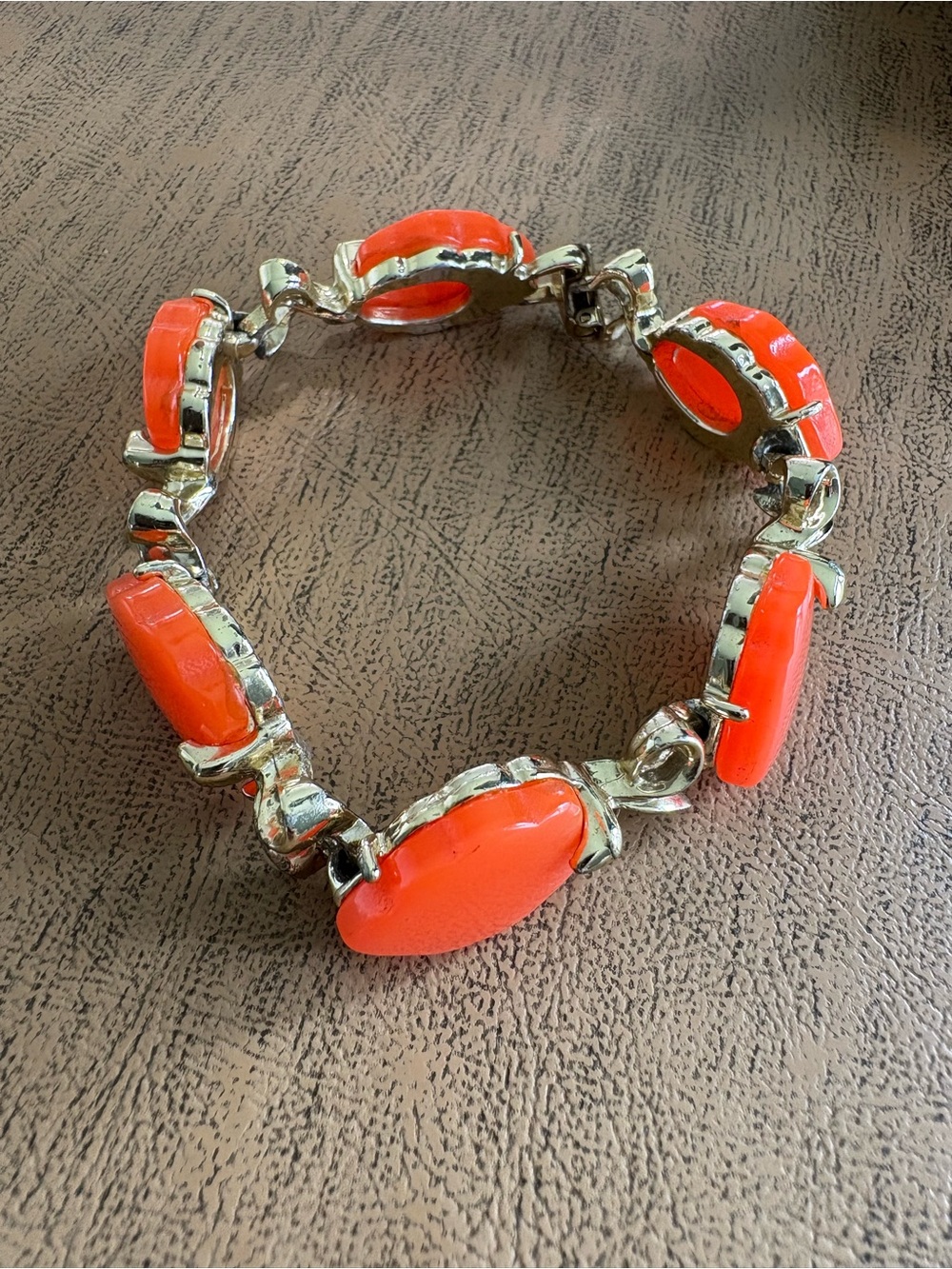 Vintage Mid Century Thermoset  Link Bracelet –Bright Coral Orange Mod Statement